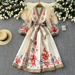 Floral Summer Dress Women Slim Waist Bandage Temperament Robe Femme 2024 Vestidos De Mujer Vintage Elegant Maxi Dresses 27w921