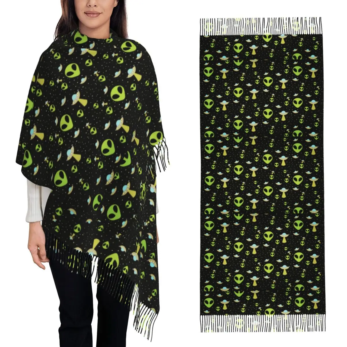 Green Alien Spaceship Pattern Scarf Tassel Scarves for Women Soft Warm Shawls and Wraps Large Fall Winter Shawl Wrap