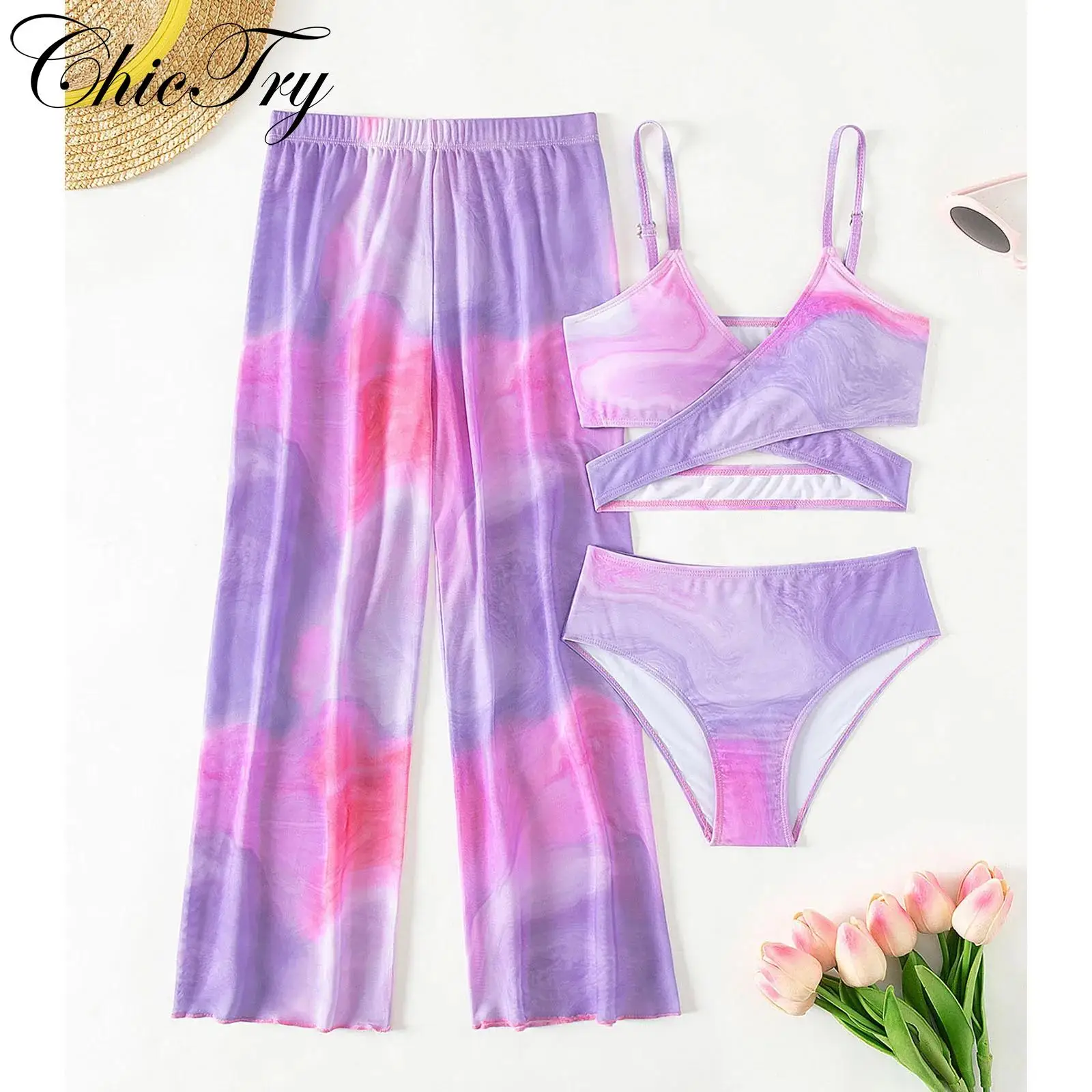 

Kids Girls Printed Swimsuits 3 Piece Bikini Bathing Suit Swimwear Adjustable Straps Top with Briefs and Cover Up Pants Outfits