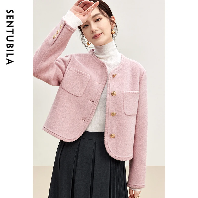 

SENTUBILA Korea Style 100% Woolen Coat for Women 2024 Winter Straight Woven Tape Luxury Metal Single Breasted Outwear W44O56672