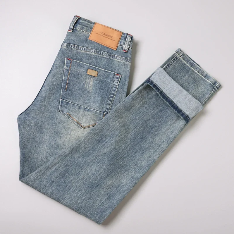 2026 New Men's Slim Fit Casual Jeans Elastic Waist Classic Gray Fitted Straight Business Trousers Denim Pants Brand Clothes