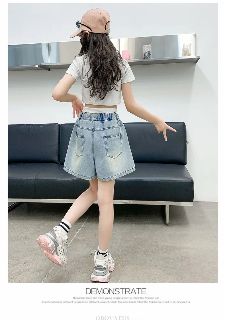 Modische Mädchen-Sommer-Denim-Shorts mit Schmetterling, elegante, modische, plissierte Shorts für Kinder und Teenager, lässige knielange Jeanshose, Größe 5-14 – Detail 6