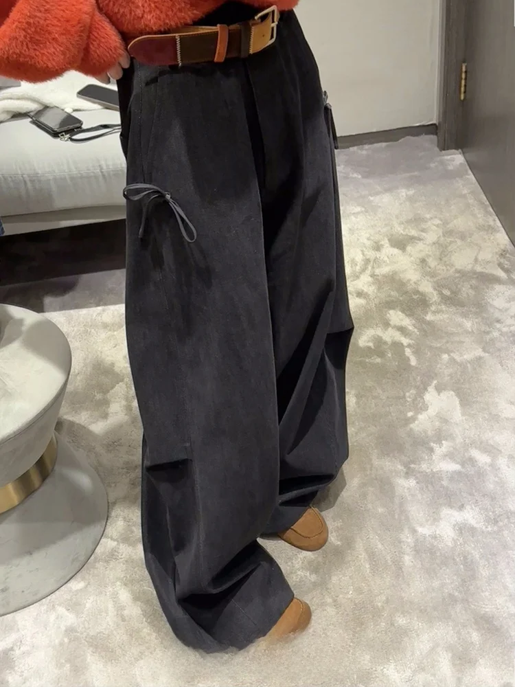 

ZQ Свободные широкие брюки с узлом, американские драпированные джинсы с ножом, женские повседневные длинные джинсы с высокой талией на молнии, зимняя мода