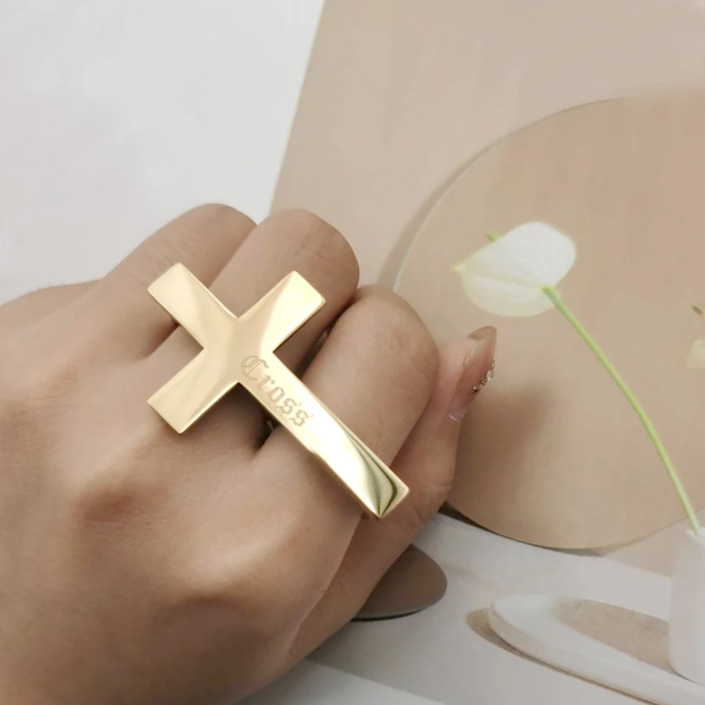 Custom Cross Ring Two Finger Ring Engraving Name Silver Stainless Steel Ring Men Knuckle Jewelry Personalized Gift for Boyfriend view 5