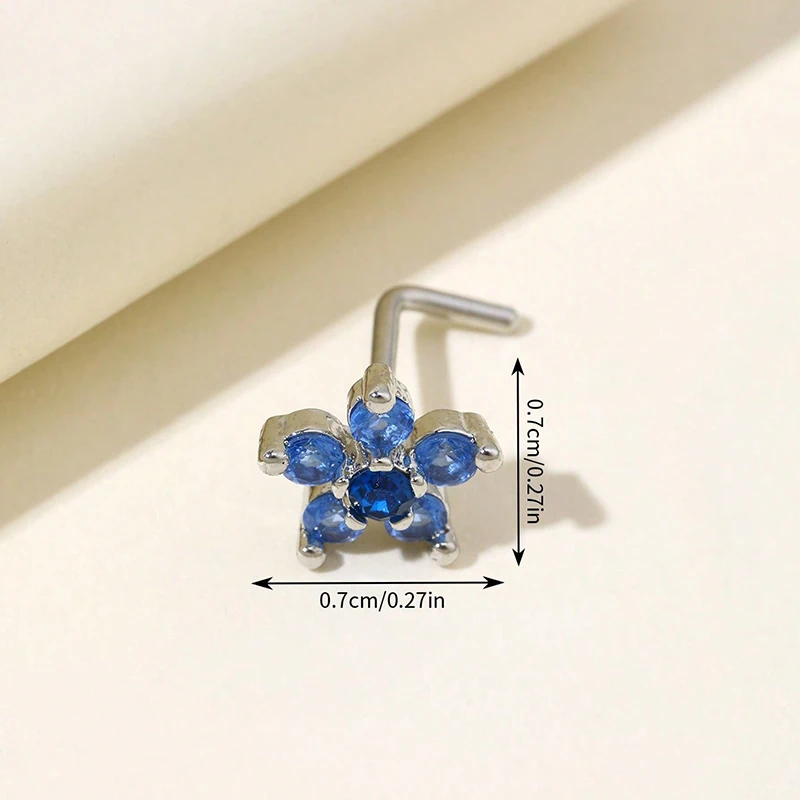 1Pc Surgical Steel Nose Piercing Jewelry, Navy Blue Zircon Flower L-Shaped Nose Stud, Universal Circular Nostril Accessory