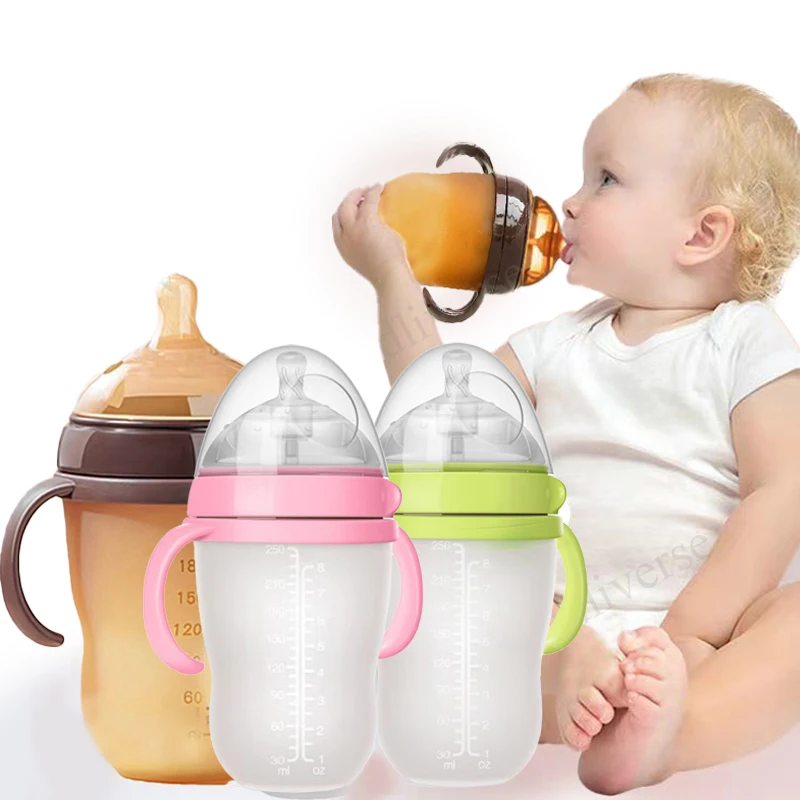 Baby Silicone Bottle Gravity Ball Straw/Feeding Nursing Bottle with Handle 240ml