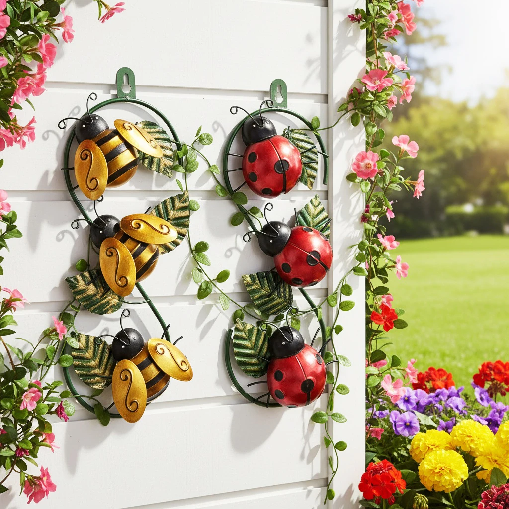 GEEYANG Metal Bee and Ladybug Wall Decor, 3D Insect Hanging Ornament with Hook for Indoor Outdoor Garden Fence Yard Home, Gifts