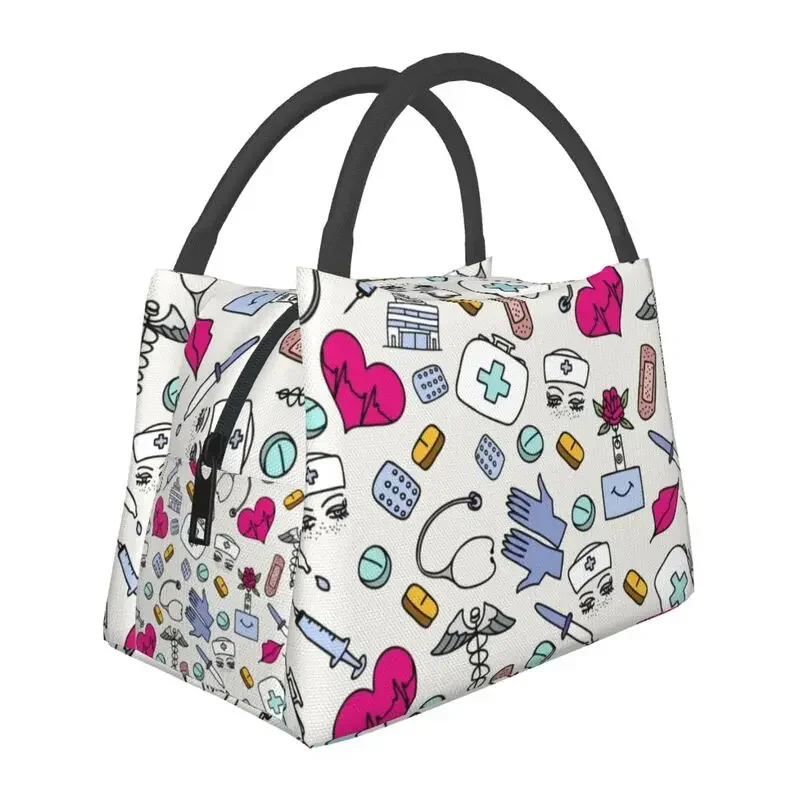 Nurse Nursing Tool Pattern Insulated Lunch Bag for Work Office Resuable Thermal Cooler Bento Box Women