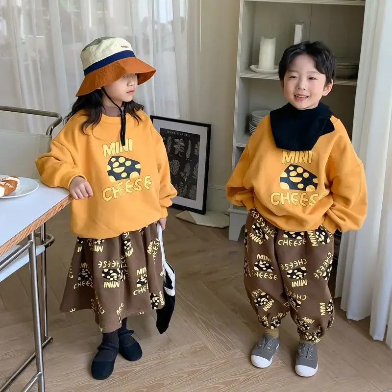 Korean Spring Autumn Children Sibling Clothes Set Printed Cheese Shirts Baby Boy Suit Loose Stretch Pants Kid Girl Skirt Outfits