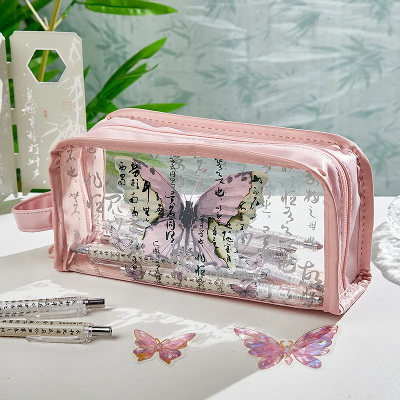 1Pc China Ancient Aesthetics Butterfly Calligraphy Art Pencil Case Girl Transparent Visual Pen Bag Makeup Pouch School Supplies