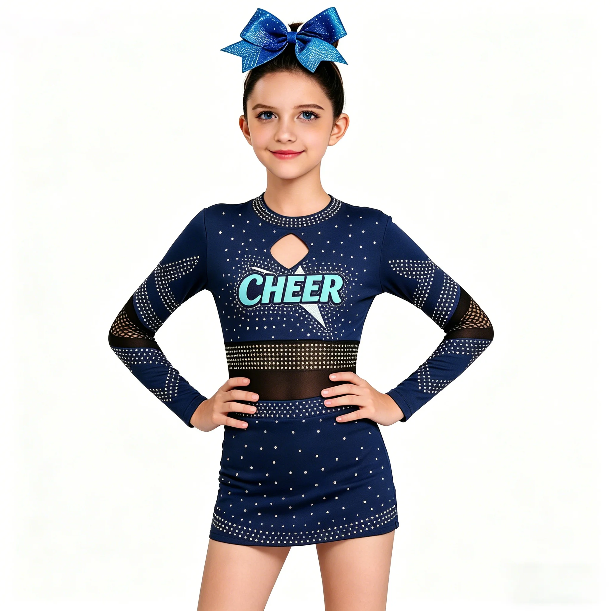 

Kids Cheerleading Outfit Long Sleeve Rhinestone Cheer Uniform Girls Cheerleader Costume Dance Competition Performance Practice