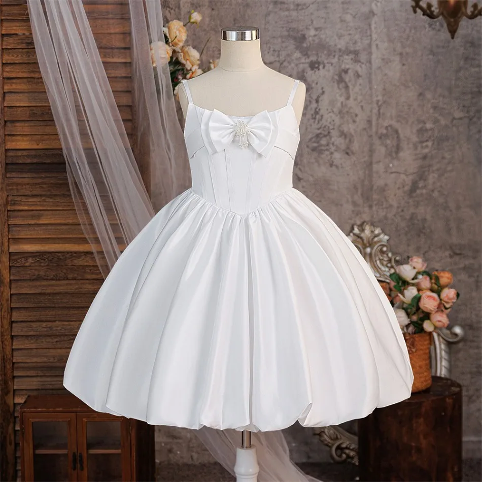 White Satin Spaghetti Strap Big Bow Puffy Princess Dress Cute Kids Girls Wedding Birthday Holiday Formal Pageant Costume ASQ03