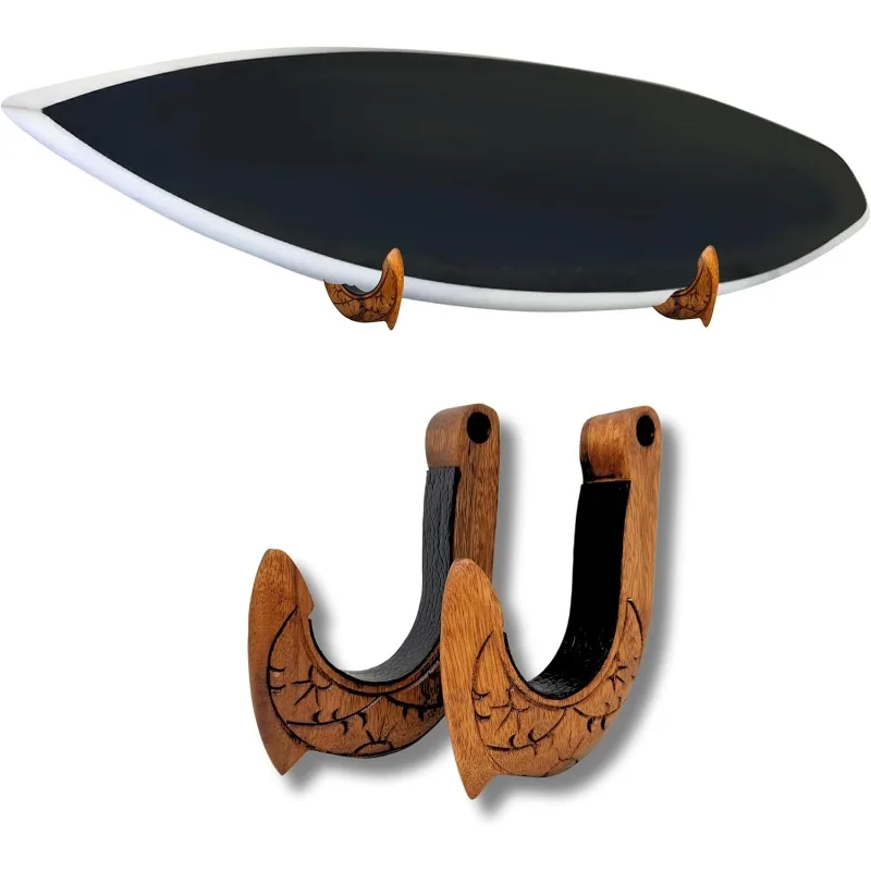 

Surfboard Wall Mount | Surfboard Wall Rack | Horizontal Wooden Surfboard Rack | Hawaiian hooks shape with Hawaiian Sunrise Carvi