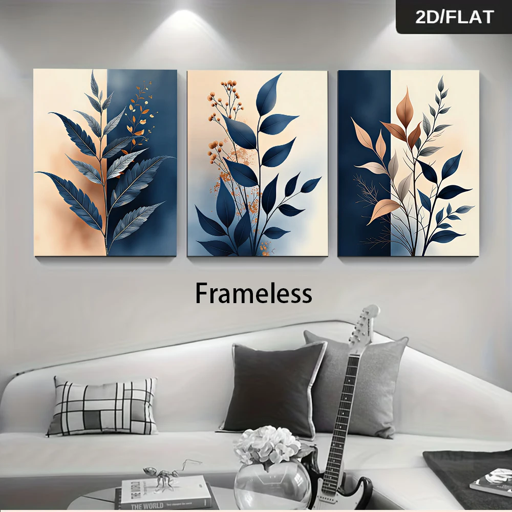 1 set of modern minimalist three-panel frameless plant leaf wall hangings, home decoration paintings, 2D flat design