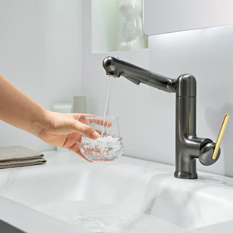 

Deck Mount 1 Hole Bathroom Sink Faucets Single Handle Hot Cold Mixer Taps 3 Modes Rotatable 360° Lavatory Basin Faucet Gray