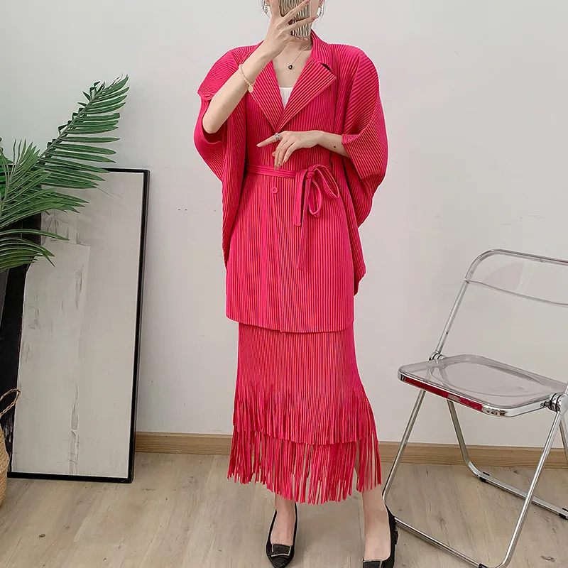 

Suit Collar Double Breasted Jacket Skirt Set Miyake Pleated Women's Mid To Long Tassel Half Skirt+bat Sleeve Top Two-piece Set