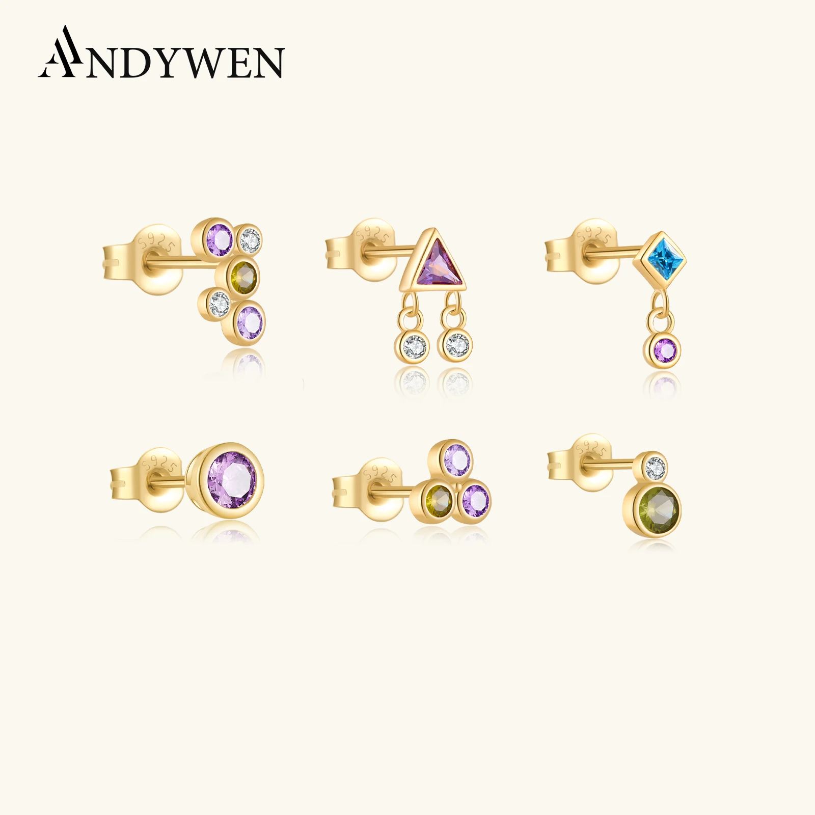 ANDYWEN 925 Sterling Silver Single 1PCS Purple Olive Piercing Stud Earring Valentiens Spring Colorful Rainbow Pendientes Clips