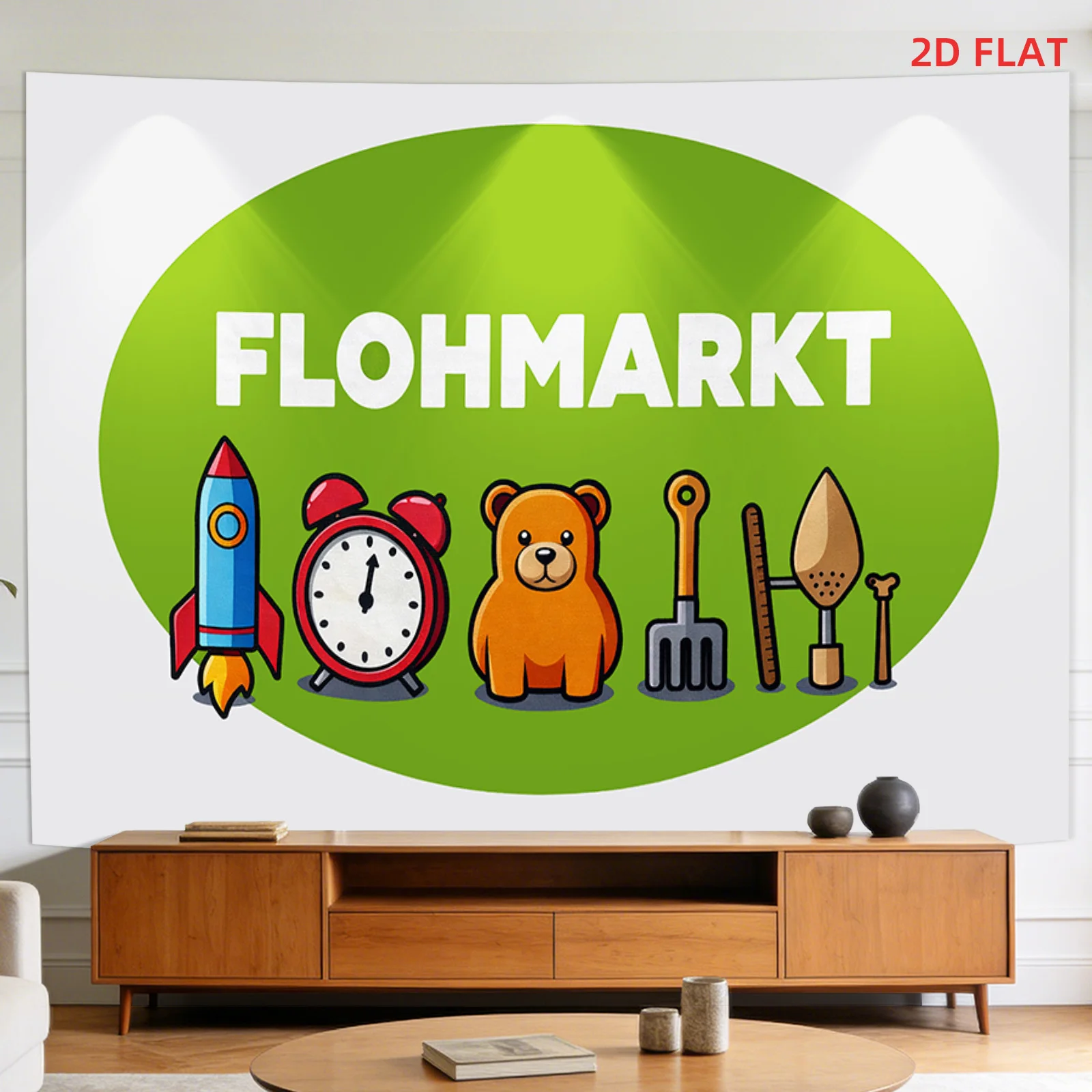 Flohmarkt Tapestry, German Flea Market Sign Wall Hanging Vintage Toy Garden Tool Decor Retro Kids Room Playroom Background Cloth