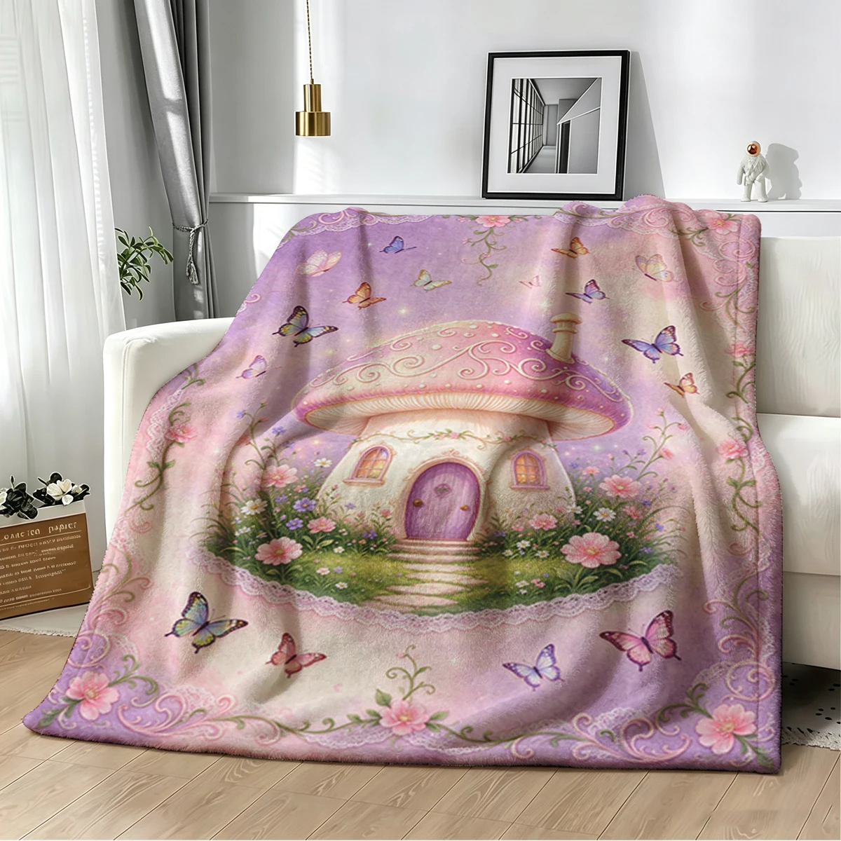 Mushroom House Floral Repeat Flannel Blanket Warm Soft Halloween Christmas Decorative Couch Warm Cozy All-Season Gift
