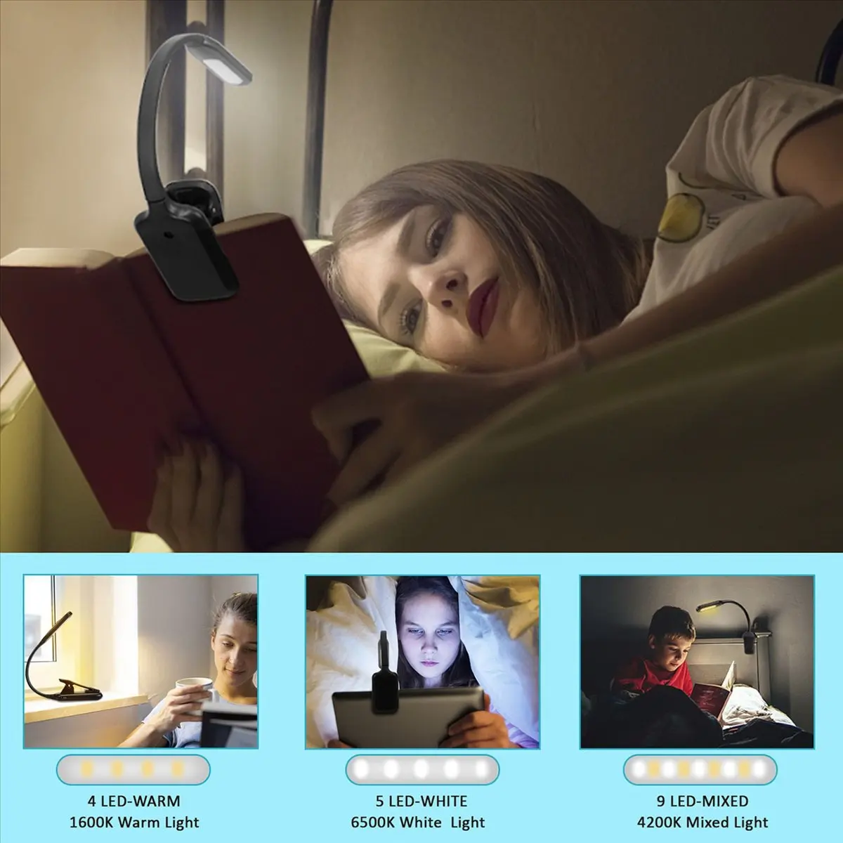 Learned- 4X Book Light, Rechargeable Reading Light, 9 LED Book Light for Reading in Bed with 3 Brightness