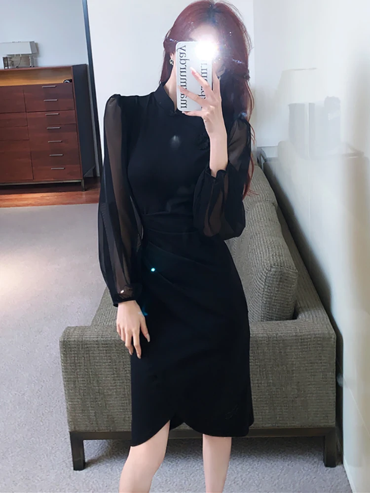 2024 Black Patchwork Mesh Long Sleeve Midi Dress Autumn Winter Pleated Bodycon Prom Clothes Women Korean Vintage Luxury Vestidos