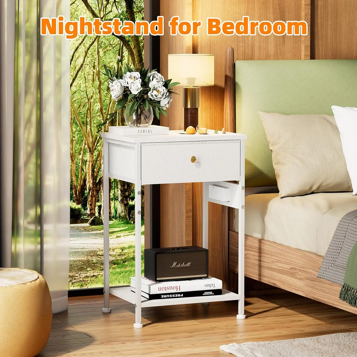 White Nightstand Charging Station Removable Drawer Shelving-Wood Top Bedroom Nursery Living Room End Table - Sturdy Steel Frame