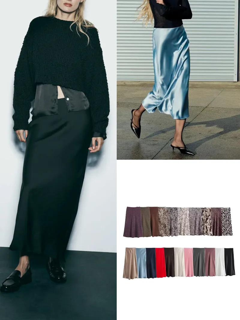 

Шелковистая атласная женская юбка миди с высокой талией, стройнящая, для работы и путешествий, повседневная, без бренда, без зарегистрированной торговой марки