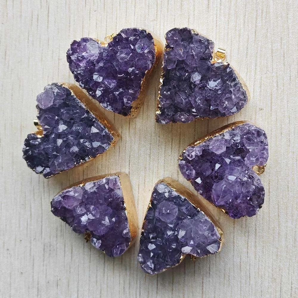 Beautiful Natural Raw Ore amethysts stone druzy good quality Heart pendants for jewelry making 6pcs/lot wholesale Fast shipping