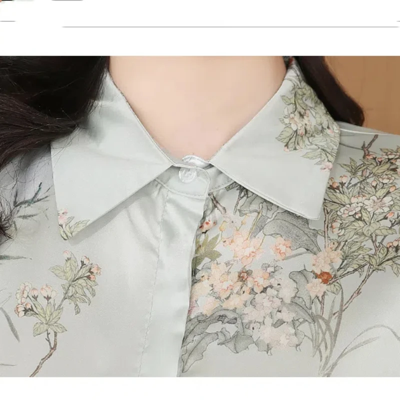 Summer Short Sleeve Button Plant&Flowers Printing Turn-down Collar Cardigan Chiffon Shirt Elegant Women\'s Clothing Casual Tops