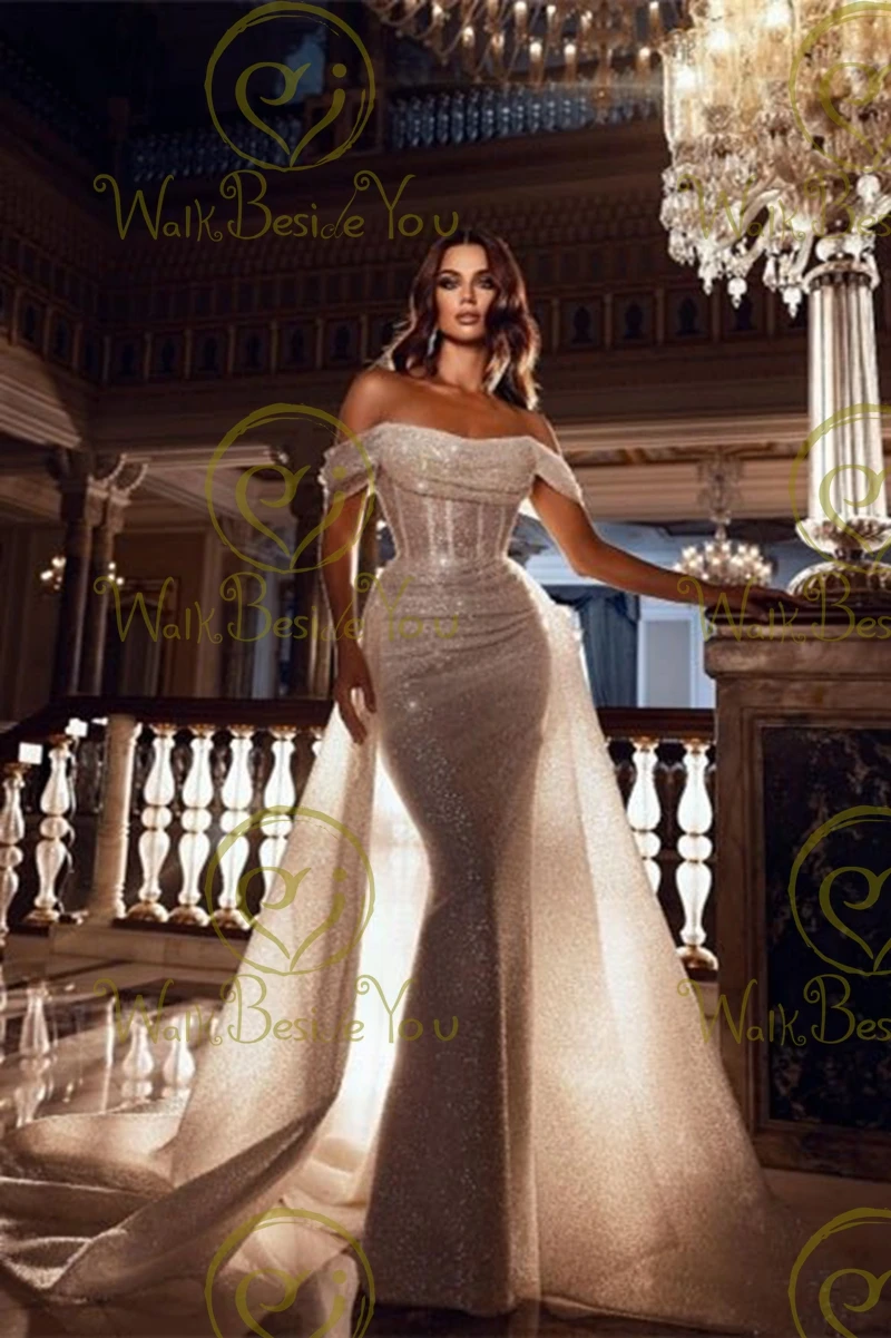 Ivory Bling Sparkly Prom Dress 2024 Off Shoulder Pleats Illusion Mermaid Sexy Evening Gowns gala Formal Party Women