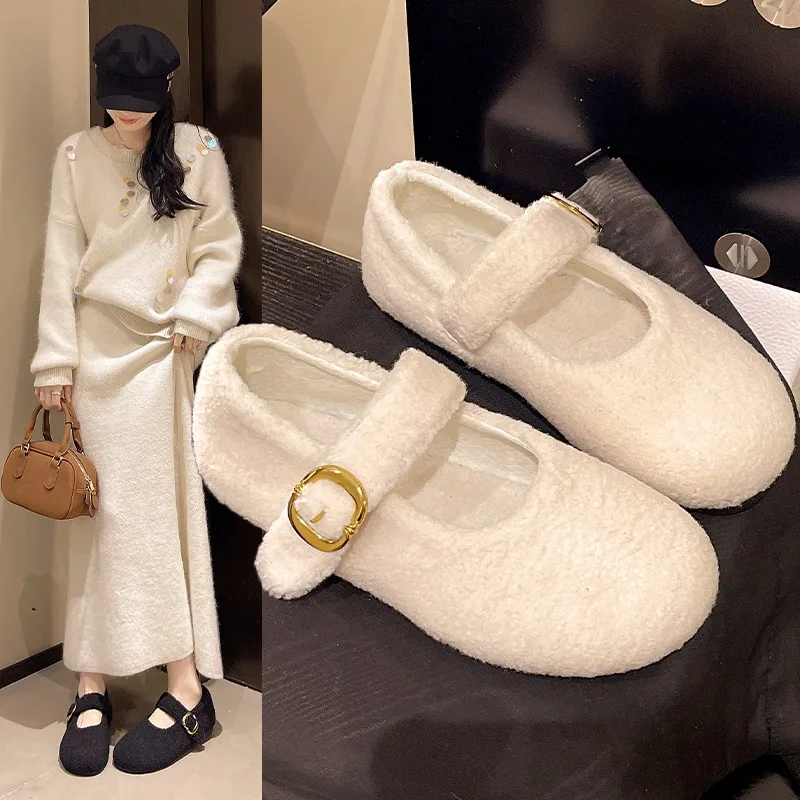 

Flat Bottom Gentle Comfortable Female Outside Wear 2025 Fall and Winter New Female One Word Buckle with Mary Jane Cotton Shoes