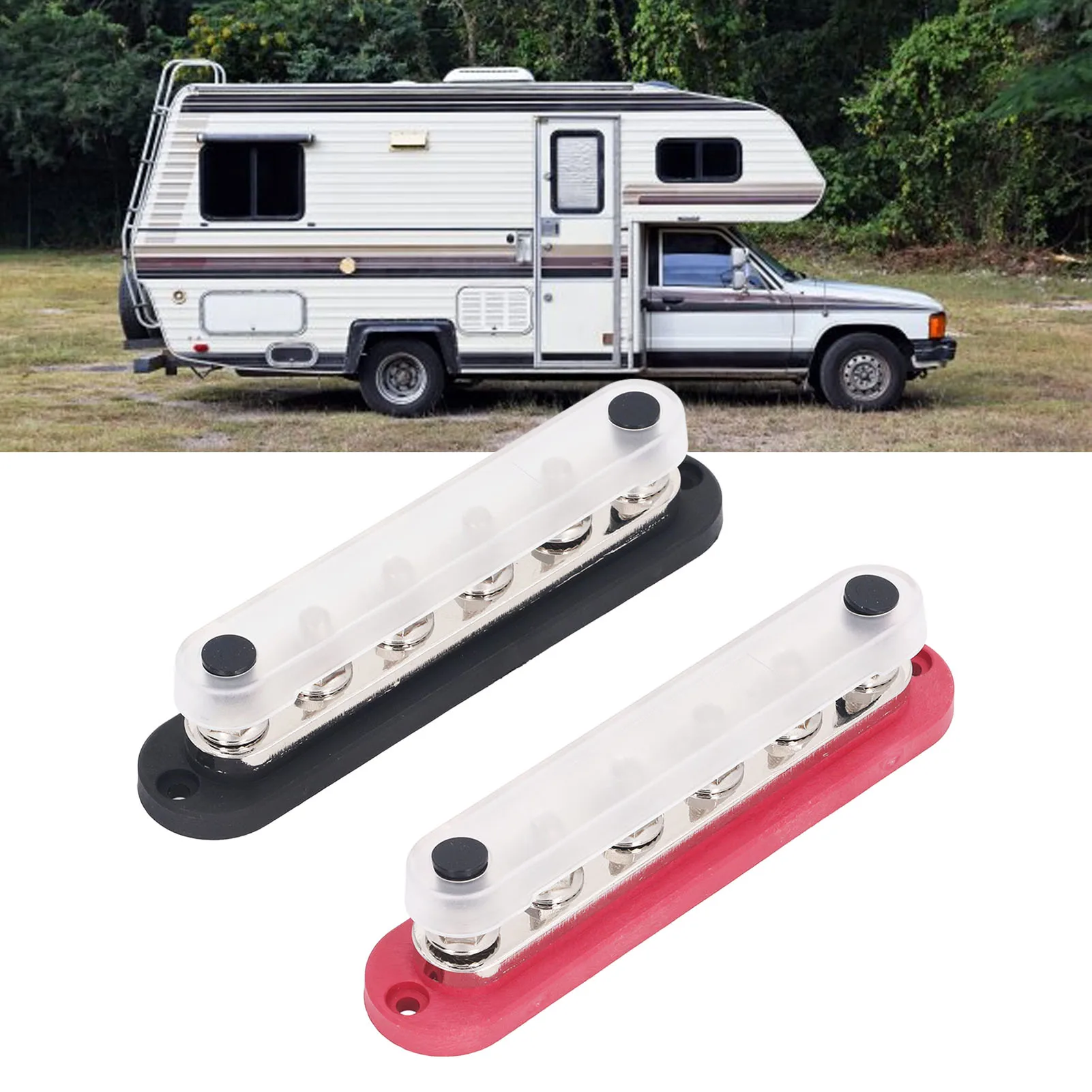 2Pcs M8 300A 12‑48V Power Distribution Block Brass Stainless Steel Bus Bar Terminal Block for Car Boat Marine