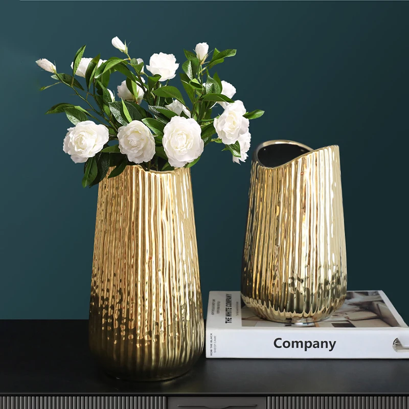 Nordic Luxury Plating Golden Vase Living Room Desktop Dried Flower Pot Modern Ceramic Abstract Plant Vases