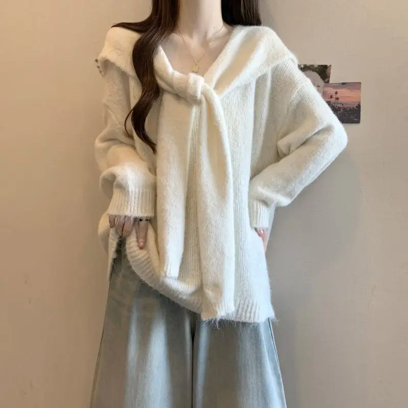 Pullover coreani con colletto alla marinara con scialle casual lavorato a maglia autunno inverno moda fasciatura abbigliamento da donna maglioni larghi a maniche lunghe