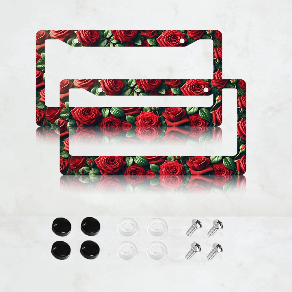 

2PC License Plate Frame Aluminum Gorgeous Red Roses Car License Plate Accessory Decorative 2 Holes and Screws