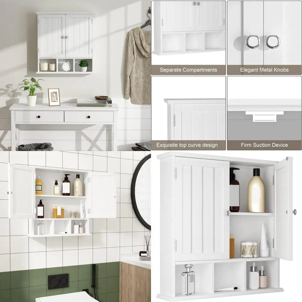 

Белый настенный 2-дверный деревянный аптечка с 3 регулируемыми полками, компактное хранилище для ванной комнаты и гостиной