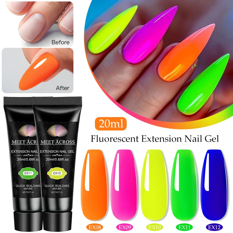 MEET ACROSS 20ml Fluorescent Extension Nail Gel Sparkly Neon Semi Permanent Finger Prolong UV LED Hard Gel Nail Art Varnish