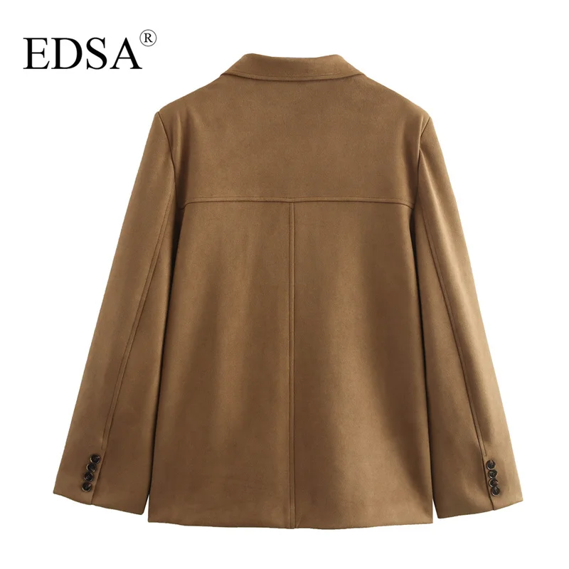 EDSA Women Suede Blazer Jacket with Flap Pockets for Office Lady Single Breasted Long Sleeves Suits Coat Outerwear