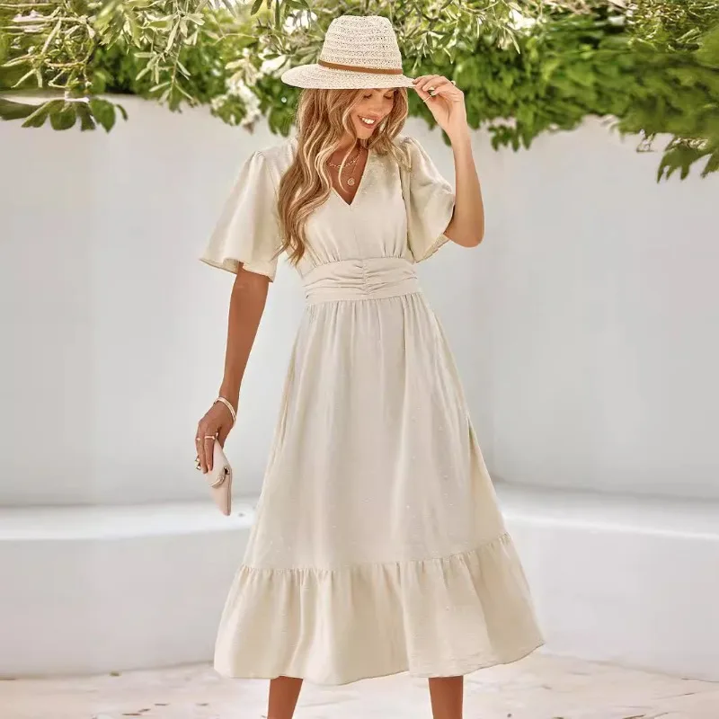 

Casual Women's Summer New V-neck Lotus Sleeve Solid Color Dress Women