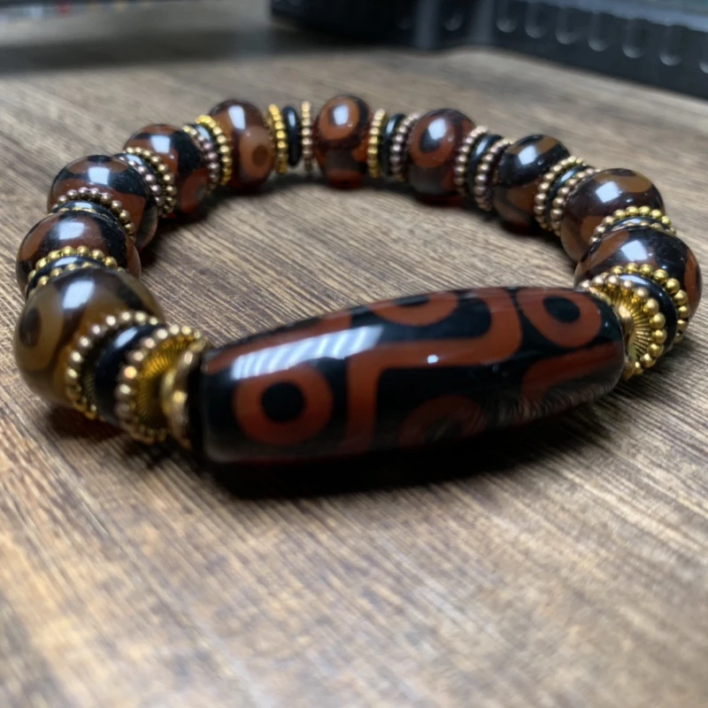 Fine Glossy Agate Three-Eye Tibet Beads with Dzi Bead Tibet Beads Bracelet Buddha Beads Crafts Single Ring Bracelet