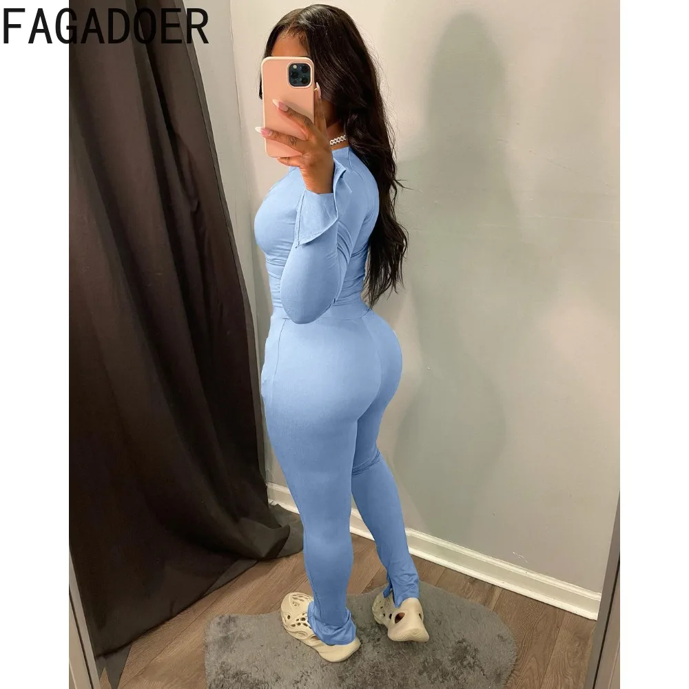 FAGADOER Autumn Casual Zipper Slit Skinny Pants Sets Women Long Sleeve Top + Pants Two Piece Outfits Female Solid 2pcs Tracksuit