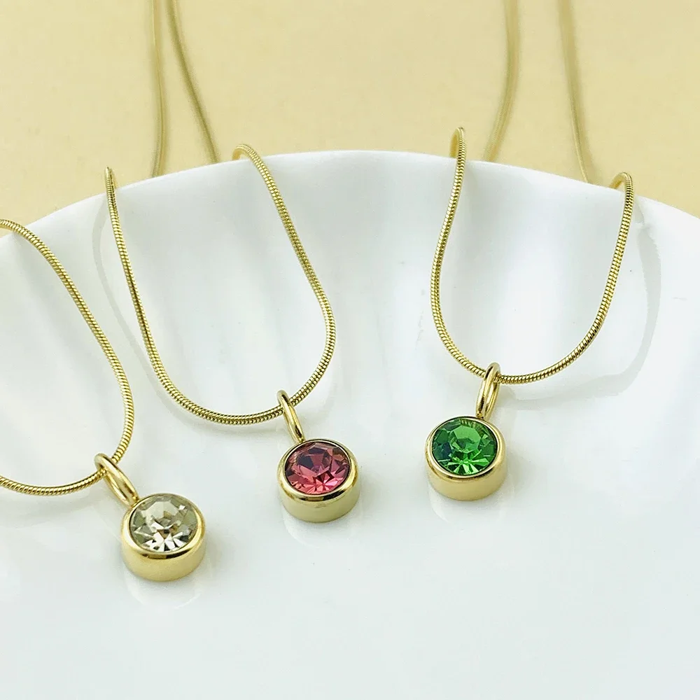 Stainless Steel Charm Round Snake Chain Birthstone Pendant with 12 Colors Neck Stone Golde Necklace Birthstone Jewelry