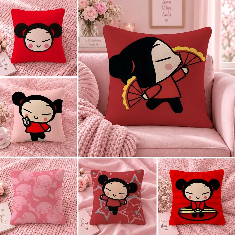 Cartoon Cute Kids P-Pucca Cushion Cover Double Sided Print Short Plush Pillow Sofa Bedroom Dorm Room Decor Gift