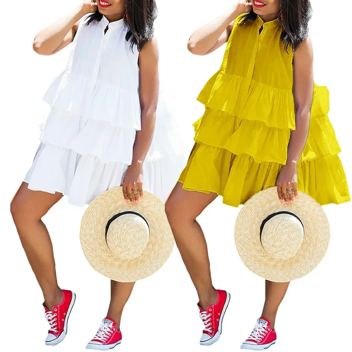 

S-3XL African Dresses for Women Summer Fashion African Sleeveless Polyester Yellow White Mini Dress Dashiki African Clothing