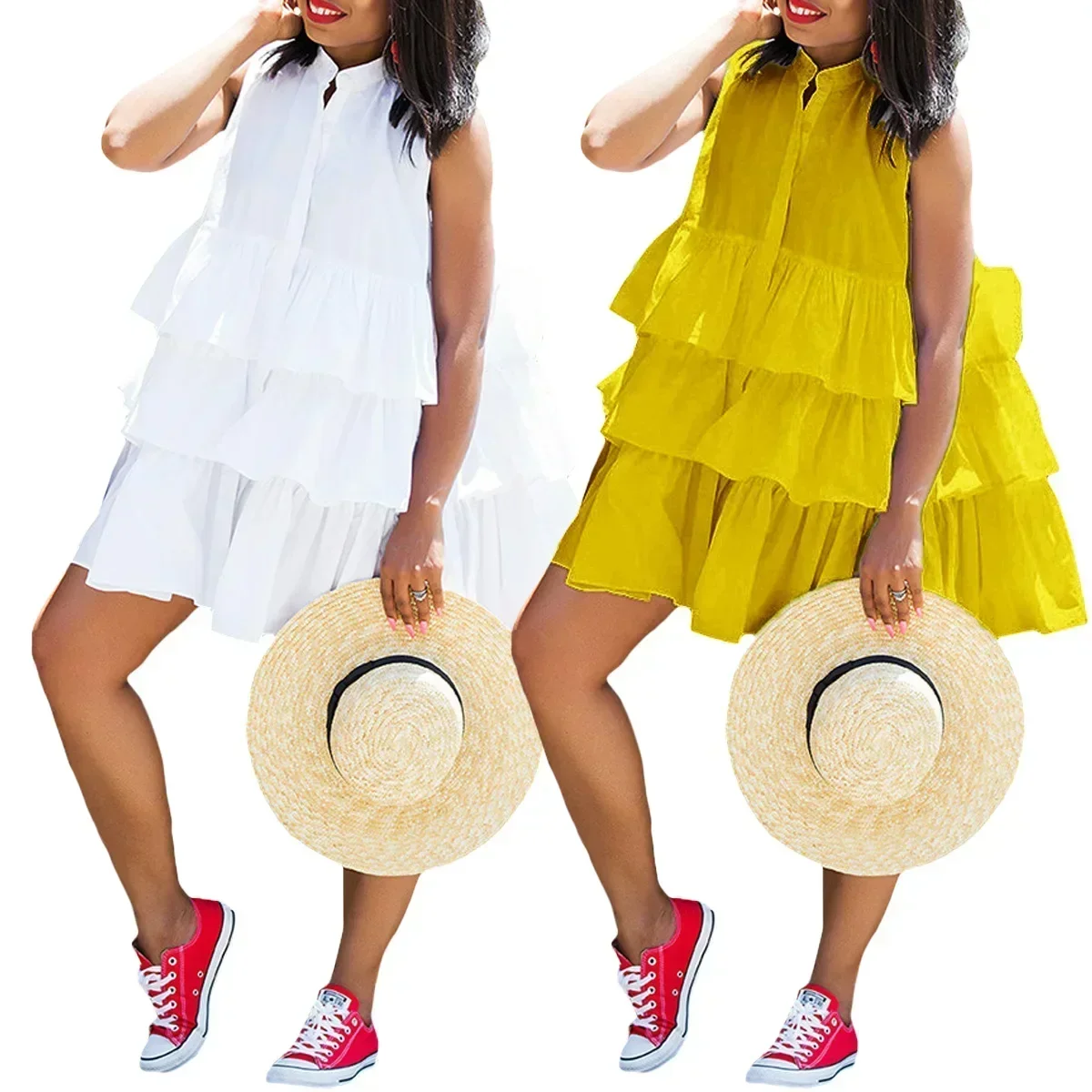 S-3XL African Dresses for Women Summer Fashion African Sleeveless Polyester Yellow White Mini Dress Dashiki African Clothing