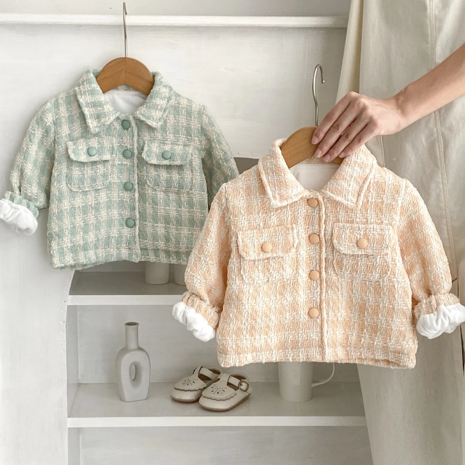 Baby Girl Jacket Coat 2024 New Winter Baby Girl Double Pocket Plaid Cardigan Tweed Lapel Jacket Outing Clothes