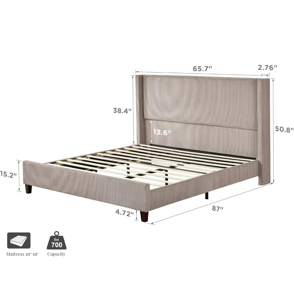 Large platform bed frame, 50.8-inch corduroy cushioned bed with vertical channel cluster headboard/no need for springs