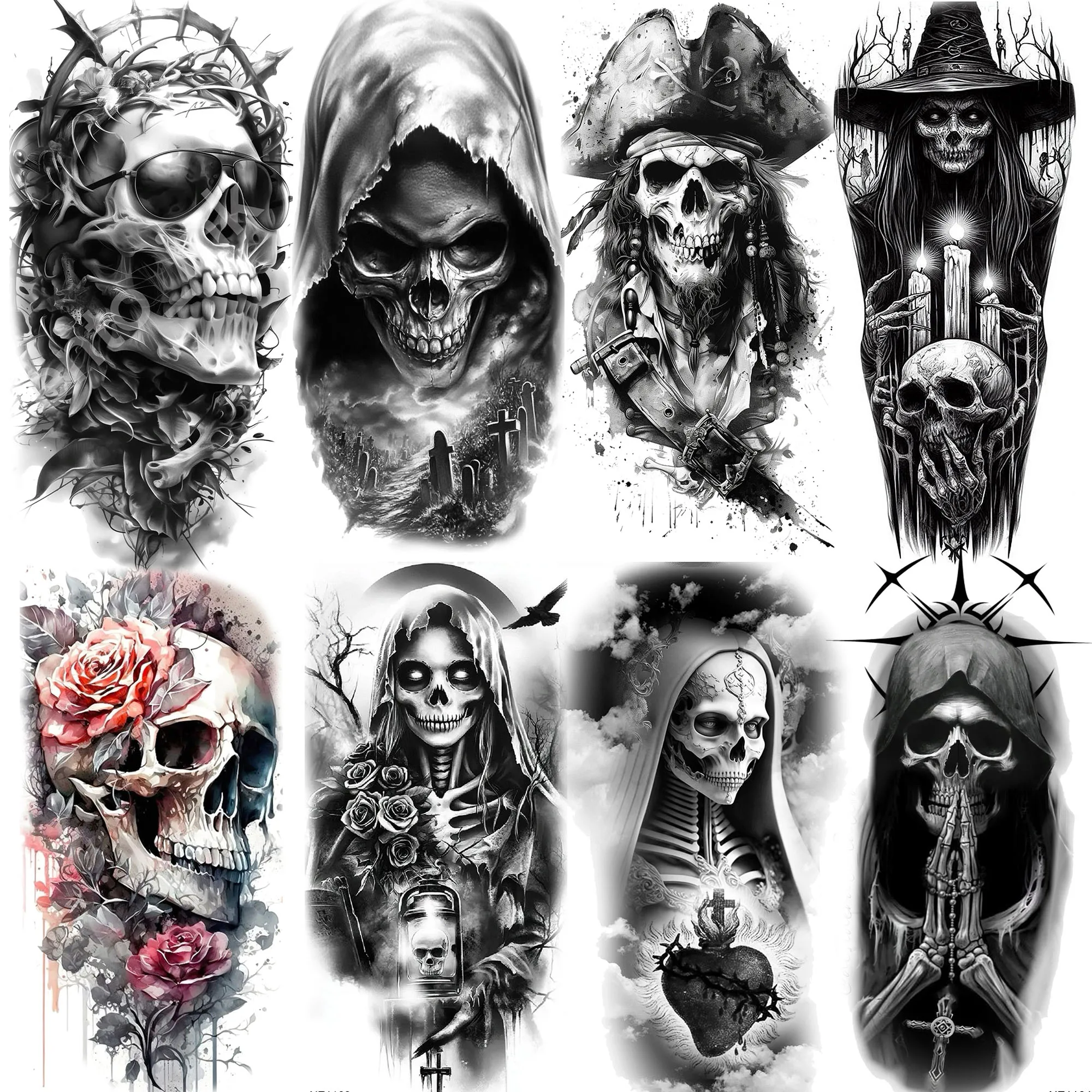 

1 Sheet Scary Witch Skull Skeleton Temporary Tattoos For Men Women Halloween Realistic Fake Tattoos Waterproof Arm Leg Stickers
