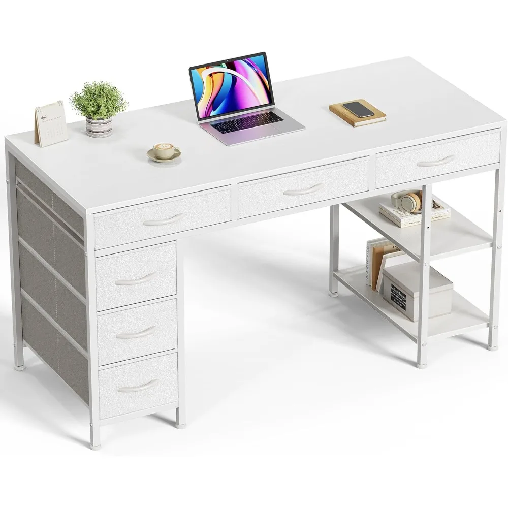 Computer Desk with 6 Drawers, 47 Inch Office Desk with Shelves, Reversible Gaming Desk, Corner Desk with Storage