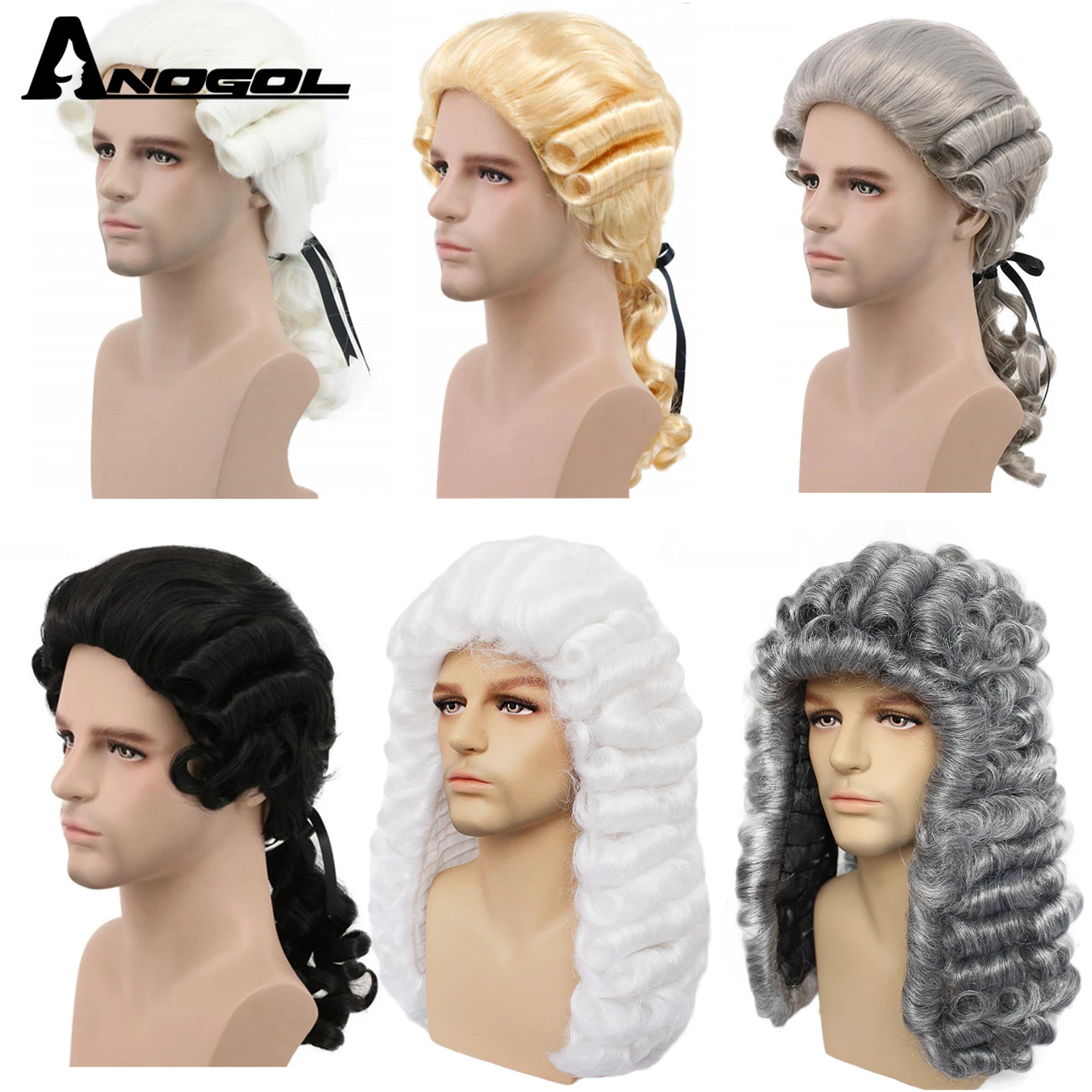 ANOGOL Synthetic Lawyer Cosplay Wig Deluxe Long Grey White Black Judge Baroque Curly Male Cosplay Wigs for Man Halloween Party